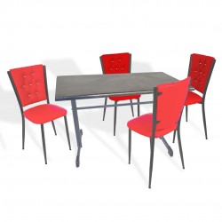 Halley - Kapitoneli Mutfak Masa Takımı - 70x120 (Werzalit, Wermodin veya Allzalit Tabla) - Grey Marble-Kırmızı