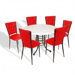 Buket Mega Werzalit Yuvarlak - Kapitoneli Mutfak Masa Takımı Q107 - Afyon Marble Kırmızı