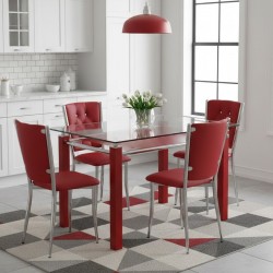 Kapitoneli Cam Mutfak Masa Takımı (Deri) - Kırmızı