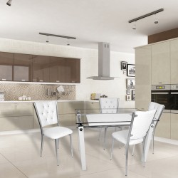 Kapitoneli Cam Mutfak Masa Takımı (Deri) - Beyaz