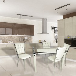 Kapitoneli Cam Mutfak Masa Takımı (Deri) - Krem