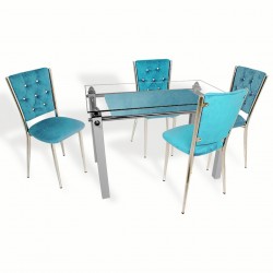 Kapitoneli Cam Mutfak Masa Takımı (Kumaş) - Mavi