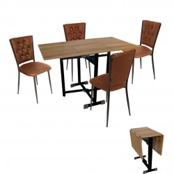 Kanatlı Katlanır - Kapitoneli Mutfak Masa Takımı (Deri) - Kahve